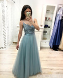 Elegant Sheer Scoop A Line Sleeveless Tulle Lace Long Prom Dresses