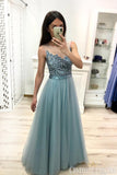 Elegant Sheer Scoop A Line Sleeveless Tulle Lace Long Prom Dresses