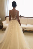 Elegant V Neck Ivory Lace Appliques Wedding Dresses with Tulle Beach Wedding Gowns