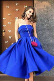 Royal Blue Satin Strapless Ball Gowns Tea Length Short Prom Dress Homecoming Dresses