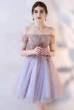 A Line Off the Shoulder Short Sleeve Lace Appliques Tulle Short Homecoming Dresses