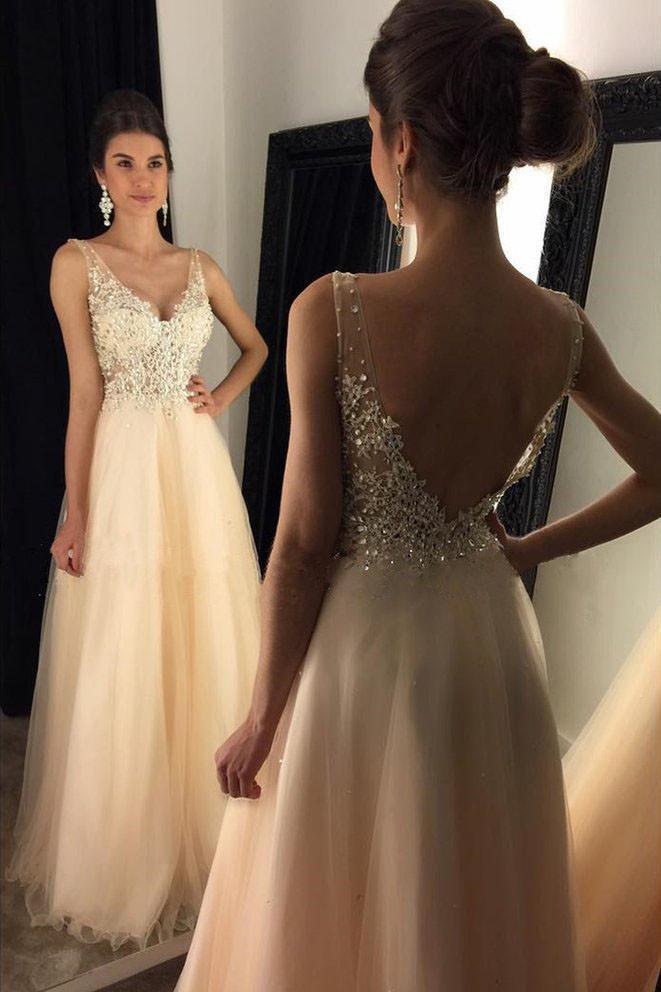 V-Neck Prom Dresses With Appliques Beaded Long A-line Tulle Prom Dresses