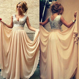 Champagne Nude Chiffon Long Off the Shoulder V-Neck Sequin Beads Bodice Prom Dresses