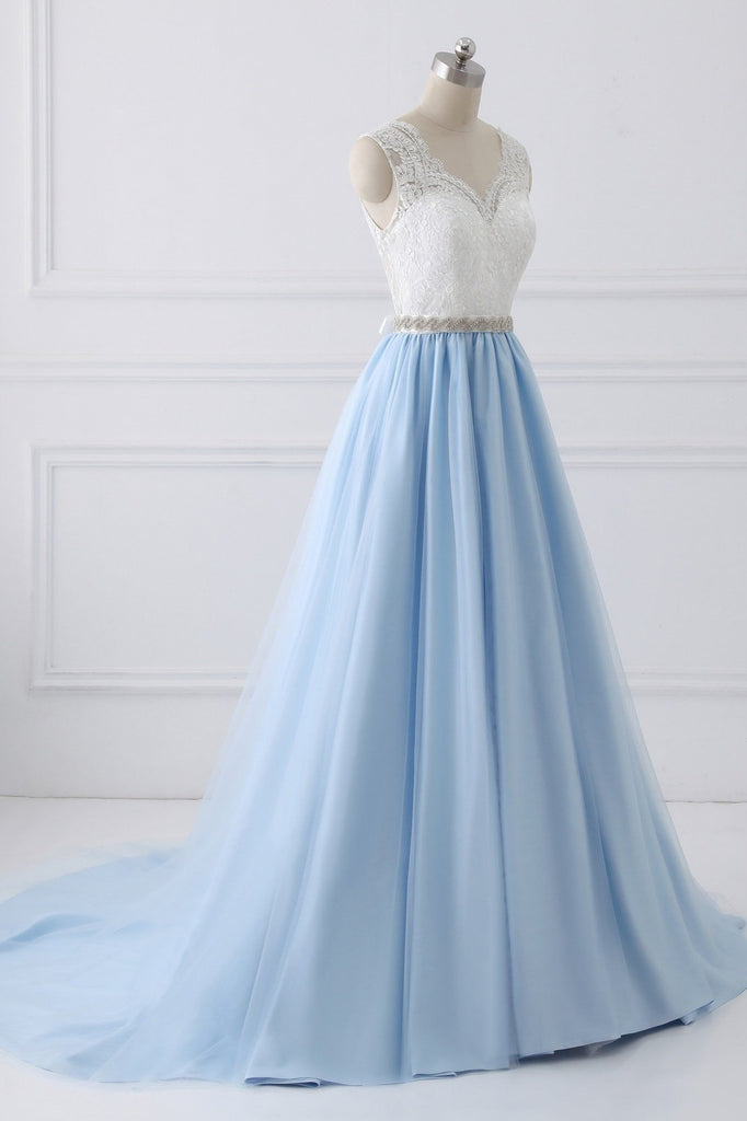 A-Line V-Neck Lace Top Sky Blue Skirt Cheap Sweetheart Tulle Satin Prom Dresses with Sash