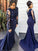 Mermaid Lace Scoop Navy Blue Beads High Neck Long Sleeve Plus Size Prom Dresses