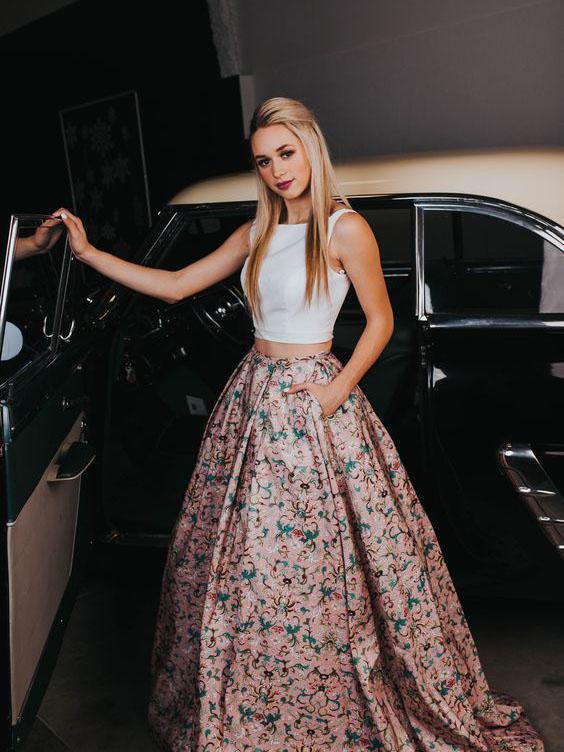 A Line Two Piece Floral Print Beautiful Prom Dresses with Pockets Evening Dresses