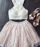 Fashion Two Piece A-Line Jewel Sleeveless Short Homecoming Dress With Beading Lace