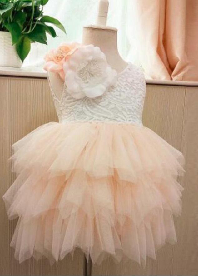 Princess Cute Pink Lace Tulle Flower Girl Dresses Layered Open Back Lovely Tutu Dresses