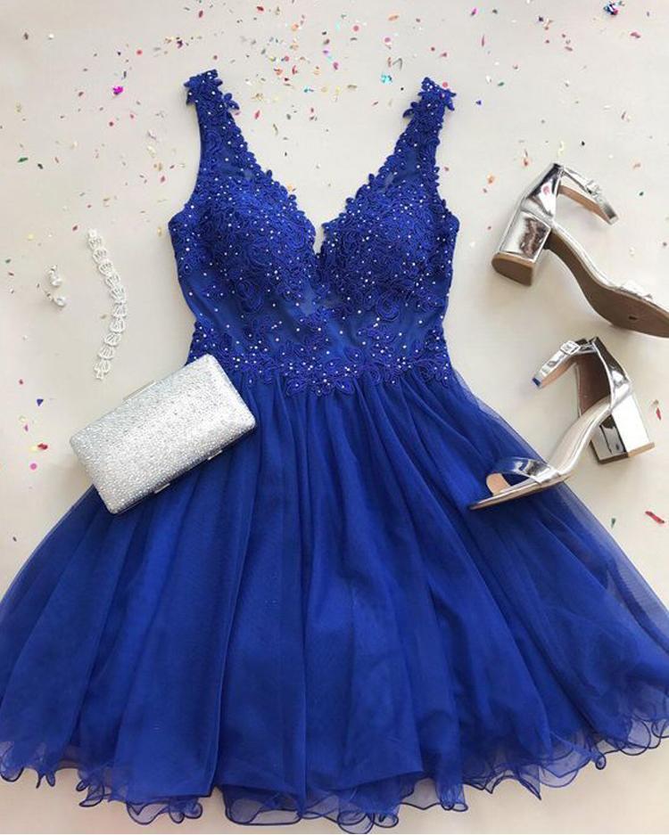 Cute A Line V Neck Chiffon Beads Royal Blue Short Homecoming Dresses with Appliques
