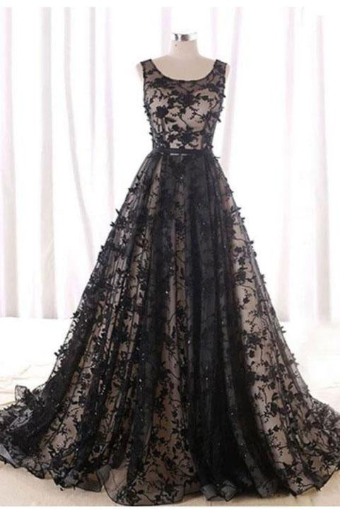 Black Round Neck Tulle Long Beads Lace A-Line Lace up Sleeveless Prom Dresses