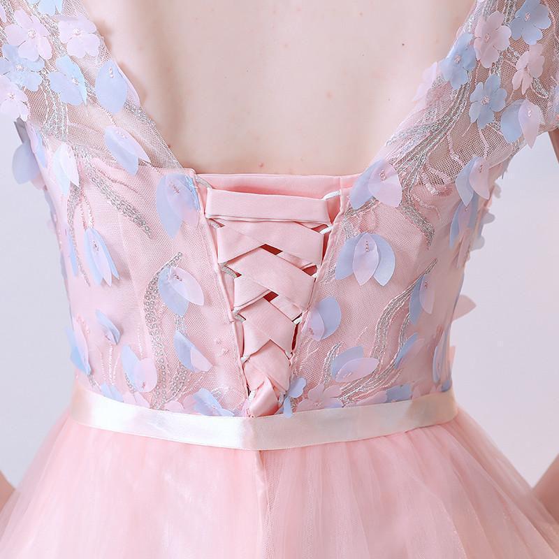 A Line Pink Tulle Cap Sleeves Scoop Short Prom Dresses with Flowers Homecoming Dress