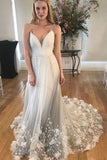 Grey V Neck Spaghetti Straps Beach Wedding Dresses Backless Tulle Appliques Bridal Dress