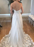 Grey V Neck Spaghetti Straps Beach Wedding Dresses Backless Tulle Appliques Bridal Dress