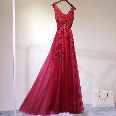 Red Appliques A-Line Floor-Length Scoop Lace up Cap Sleeve Beads Prom Dresses