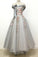 Light Grey A-Line Sleeve Word Shoulder Bowknot Long Prom Dresses