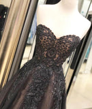 Black Sweetheart Tulle Lace Strapless Beads Prom Dresses with Lace up Evening Dresses