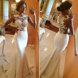 Lace Mermaid White Long Elegant Cap Sleeve Appliques High Neck Prom Dresses