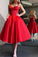 A-Line Spaghetti Straps Tea-Length Red Satin Prom Homecoming Dresses with Pockets