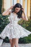 A-Line V-Neck Sleeveless Short White Tulle Homecoming Dress with Appliques