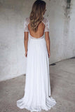 Half Sleeve Ivory Lace Illusion Beach Wedding Dresses with Chiffon Open Back Wedding Gowns