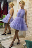 Halter Tulle Lavender Short Homecoming Dress with Open Back Above Knee Prom Dress