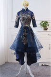 High Neck High Low Dark Navy Half Sleeve Tulle Homecoming Dresses with Appliques