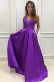 A-line V-Neck Satin Long Simple Backless with Pockets Purple Sleeveless Prom Dresses