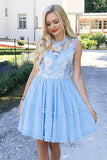 Jewel Short Blue Chiffon Homecoming Party Dress with Lace Straps Appliques Prom Dress