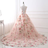 Charming Tulle Round Neck Lace Up Back Ball Gown Long Prom Dresses