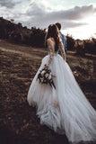 Light Pink See Through Long Sleeve Boho Wedding Dresses Lace Applique Bridal Dress