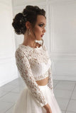 Long Sleeve Lace Round Neck Ivory Boho Wedding Dresses with Tulle Beach Bridal Dresses