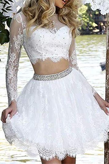Long Sleeve Lace White Two Pieces Beads Homecoming Dresses Scoop Short Prom Dresses