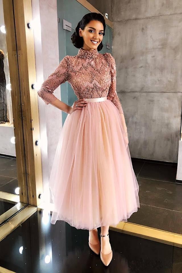Long Sleeve Pink High Neck Ankle Length Homecoming Dresses Beads Tulle Short Dress