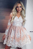 Long Sleeve See Through V Neck Lace Homecoming Dresses Vintage Short Prom Dresses