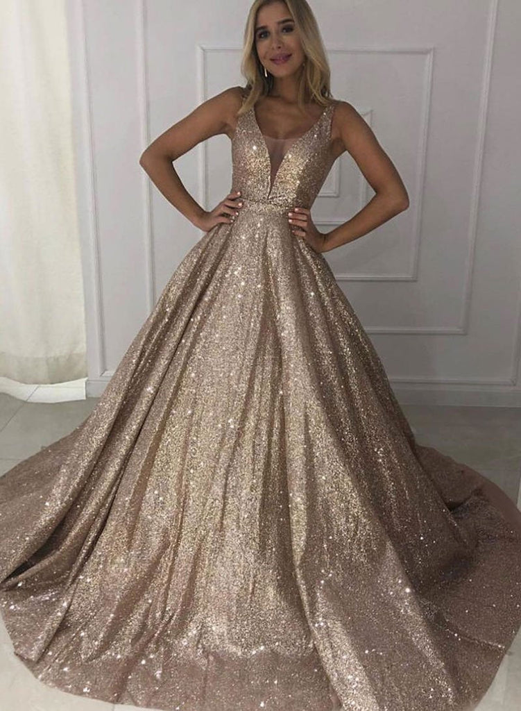 Sparkly V-neck Long Ball Gown Prom Dresses Modest Quinceanera Dresses