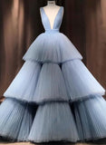 Modest Ball Gown Long V-neck Light Blue Princess Prom Dresses Quinceanera Dresses