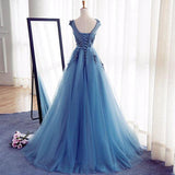 Charming Tulle Blue Lace up A-Line Appliques Long Sleeveless Scoop Prom Dresses