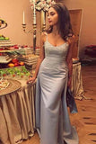Mermaid Gray Spaghetti Straps Sweetheart Satin Detachable Prom Dresses with Appliques