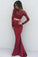 Mermaid Long Sleeve Two Pieces Prom Dresses Burgundy Backless Evening Dresses