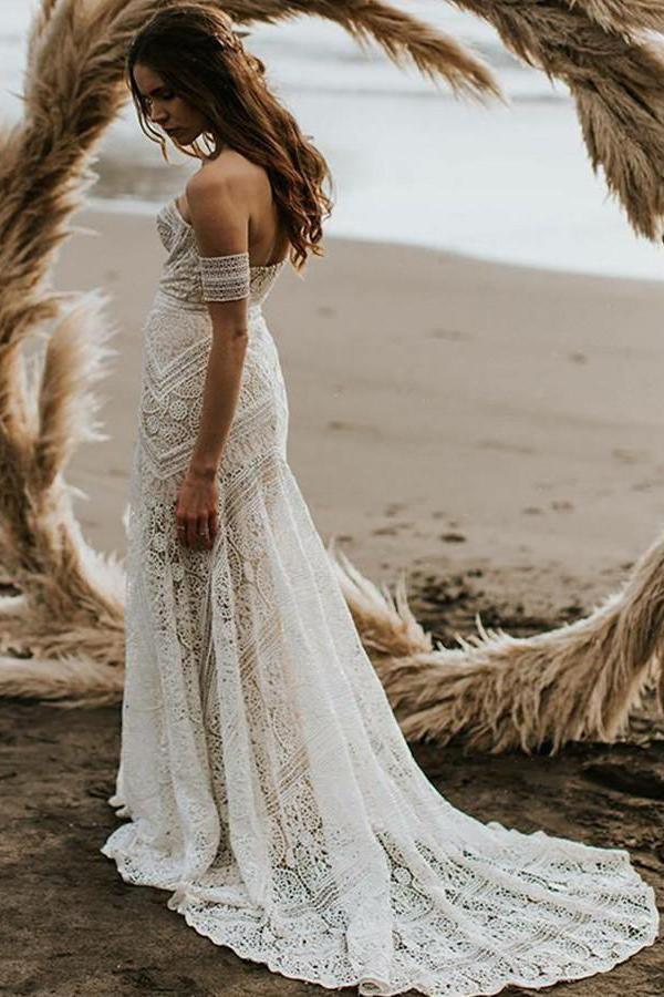 Unique Mermaid Off the Shoulder Straps Ivory Lace Beach Wedding Dress Bridal Dresses