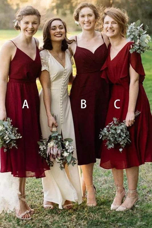 Mismatched Burgundy Chiffon Knee Length Bridesmaid Dresses V Neck Prom Dresses