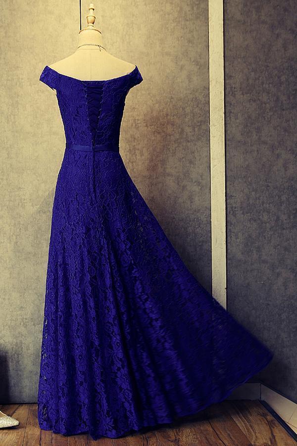 Simple Royal Blue A-Line Lace Off-the-Shoulder Lace up Hollow Prom Dresses