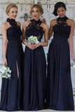 Navy Blue Halter Lace Appliques Bridesmaid Dresses Top Chiffon Side Split Prom Dresses