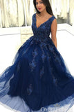 Navy Blue V Neck Sleeveless Tulle A Line Lace Prom Dresses