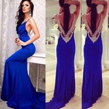 Blue Deep V-Neck Ruffles Open Back Mermaid Silvery Sequins Beaded Backless Prom Dresses