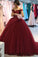 Burgundy Ball Gown Off-the-Shoulder Tulle Quinceanera Gown with Appliques