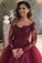 Burgundy Long Sleeve Ball Gown Illusion Bateau Quinceanera Dance Dresses with Beaded