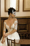 Half Sleeves Sheer Deep V-neck Lace Applique Ball Gown Illusion Back Wedding Dresses