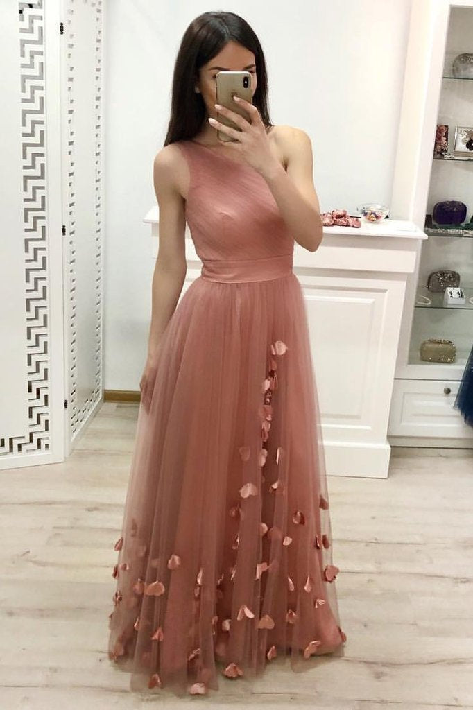 One Shoulder A Line Tulle Blush Pink Floor Length Prom Dresses Cheap Long Evening Dress
