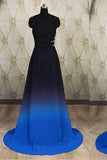 One Shoulder Ombre Black and Blue Ruffles Prom Dresses Simple Cheap Party Dresses